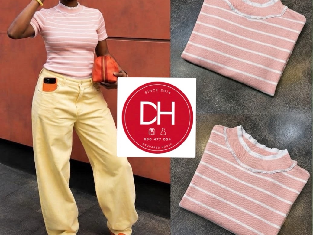 Haut à Manches Courtes Rayé Rose & Blanc avec Col Ondulé